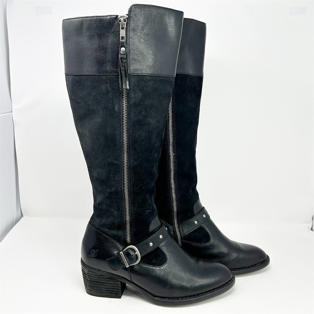Born Alize Knee High Riding Boots Black Double Zip Studded Buckle Size 9.5